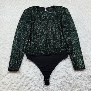 Express Bodysuit Women's Medium Green Sequin LS Party Top Sparkly Holiday Club